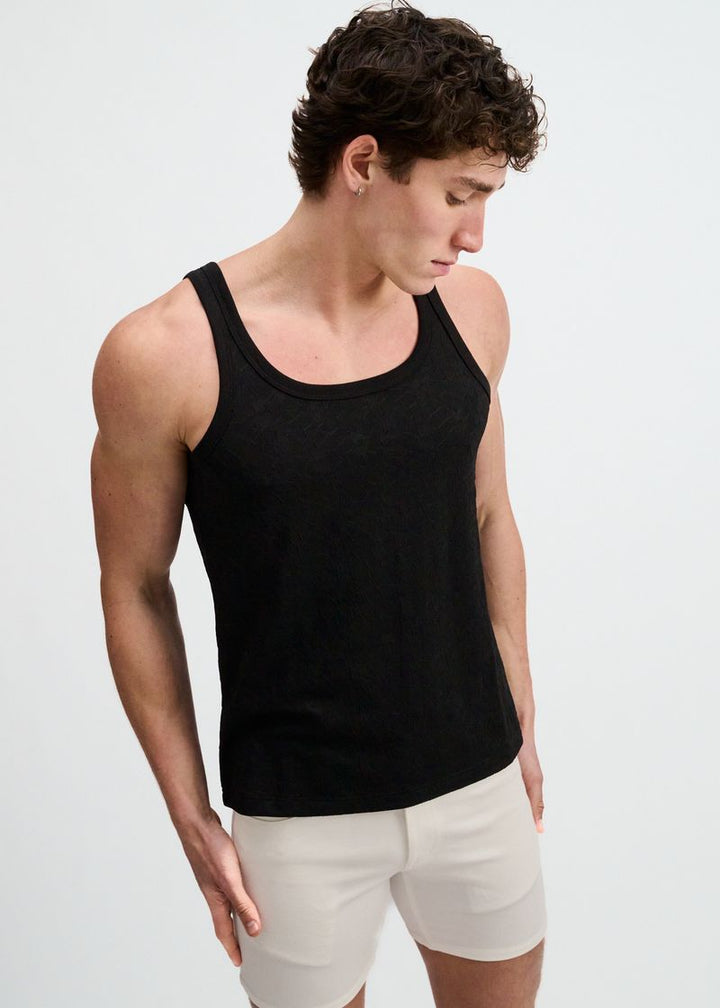 Black Stretch Floral Textured Knit Tank St-11140